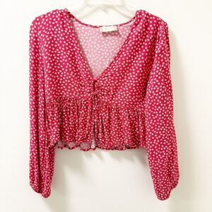 Altar’d State Red Floral Peplum Ruched Long Sleeve Top Size M